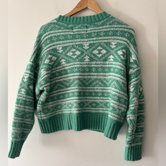 American Eagle Fairisle Snowdrift Crewneck Sweater Green White Winter Pattern - Picture 3 of 4